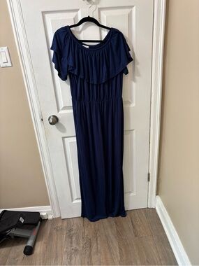 Chic Soul Navy Off-Shoulder Ruffle Jumpsuit